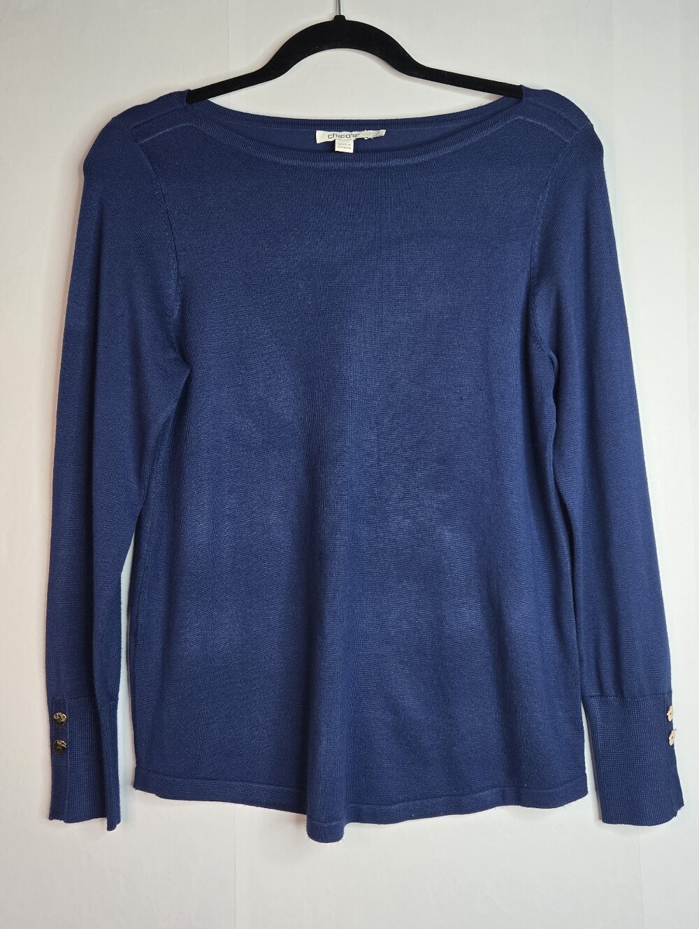 Chico's Women Size 0 Cobalt Blue Lightweight L/Sl sweater Boat Neck Gold Buttons